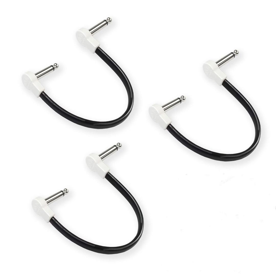 Flat Low Profile Guitar Patch Cable 8 inch for Effects Pedals, S-Shape, 1/4 inch Right-Angle, White, 3-Pack