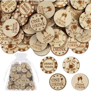 200 Pcs Drink Tokens Bulk for Events Wooden Free Drink Tokens with Organza Bags Personalised Free Cheers Tickets Poker Chips for Events Bar Wedding Oktoberfest Party Favors