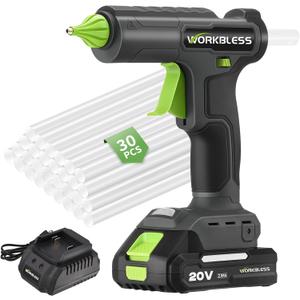 Cordless Hot Glue Gun Full Size,Hot Glue Gun with 20V 2000mAh Battery & 30pcs 11mm Clear Glue Sticks, Heavy and Duty Hot Glue Gun for Arts, Repair, Wood Working, Leak-Proof Nozzle (Black)
