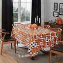 Newbridge Halloween Jack O Lantern Pumpkin Farm 60 x 102 Inch Rectangle Vinyl Tablecloth with Flannel Backing, Black and White Check Pumpkin Design, Easy Care Wipe Clean Table Cover