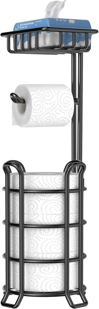 TomCare Toilet Paper Holder Stand with Shelf Free Standing Toilet Paper Roll Holder with Toilet Paper Dispenser Sturdy Metal Tissue Holder Storage Shelf for Bathroom Black