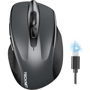 TECKNET Wireless Mouse (BT5.0/3.0 & 2.4G) Rechargeable 4800 DPI Silent USB A & Bluetooth Mouse 6 Buttons, Wide Compatibility - Grey