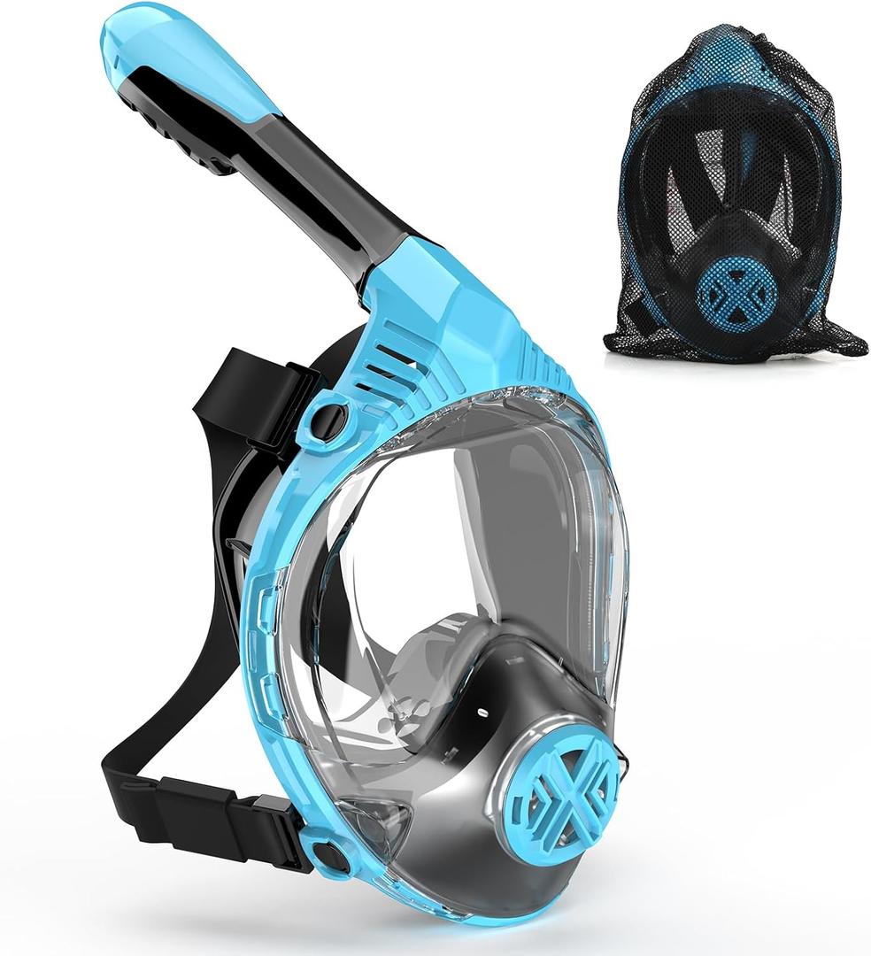 Full Face Snorkel Mask for Adults, Snorkeling Gear for Kids, Anti-Fog & Anti-Leak Design with 180 Panoramic View, Dry Top Breathing System, Ideal for Scuba Diving, Snorkeling (Blue)