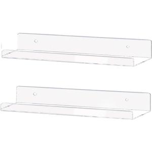 Weiai Clear Acrylic Shelf 15" Invisible Floating Wall Ledge Bookshelf, Kids Book Display Shelves Wall Mounted (15 Inch 2Pack)