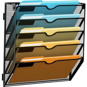 SUPEASY 5 Tier Wall File Organizer, Hanging Wall Mounted Mail Organizer with Label Slots, Metal Mesh File Holder Magazine Rack for Office, Home, School, Black