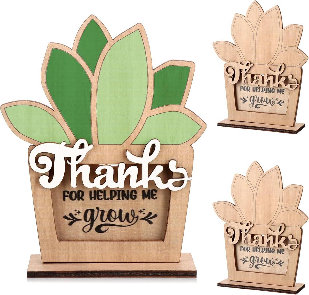 2Pcs Teacher Appreciation Gifts Card Holder End of Year Gifts Thank You for Helping Me Grow DIY Wooden Succulent Gift for Teacher Leader Team Mom Father Boss Mentors