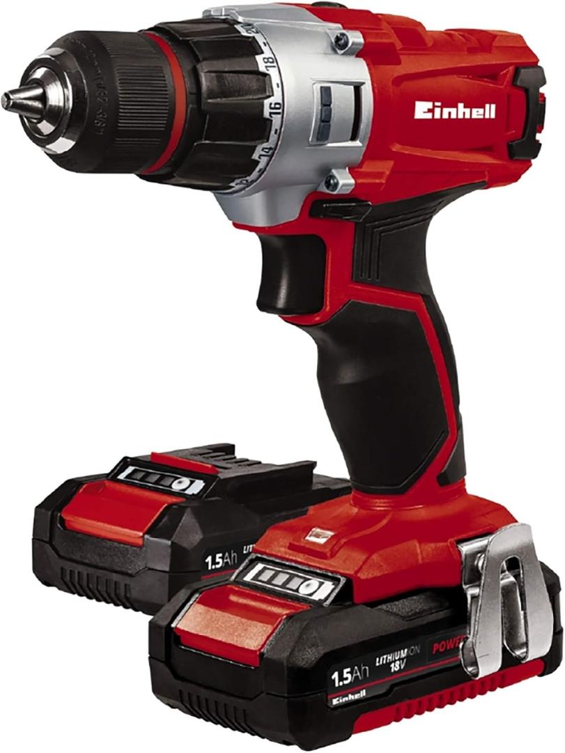 Einhell TE-CD Power X-Change 18-Volt Cordless 2-Speed 1250 RPM MAX, 20+1 Torque Setting Workshop Drill/Driver, w/Case, Belt Clip, Keyless Chuck, Built-in LED, Kit (w/ 2x1.5-Ah Battery + Fast Charger)