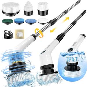 Electric Spin Scrubber Upgraded Battery with Extra-Long Runtime, IPX7 Waterproof Power Cleaner with 7 Brush Heads, 2 Speeds Adjustable Long Handle for Bathroom, Floor, Shower, Tile & Kitchen Cleaning (White)