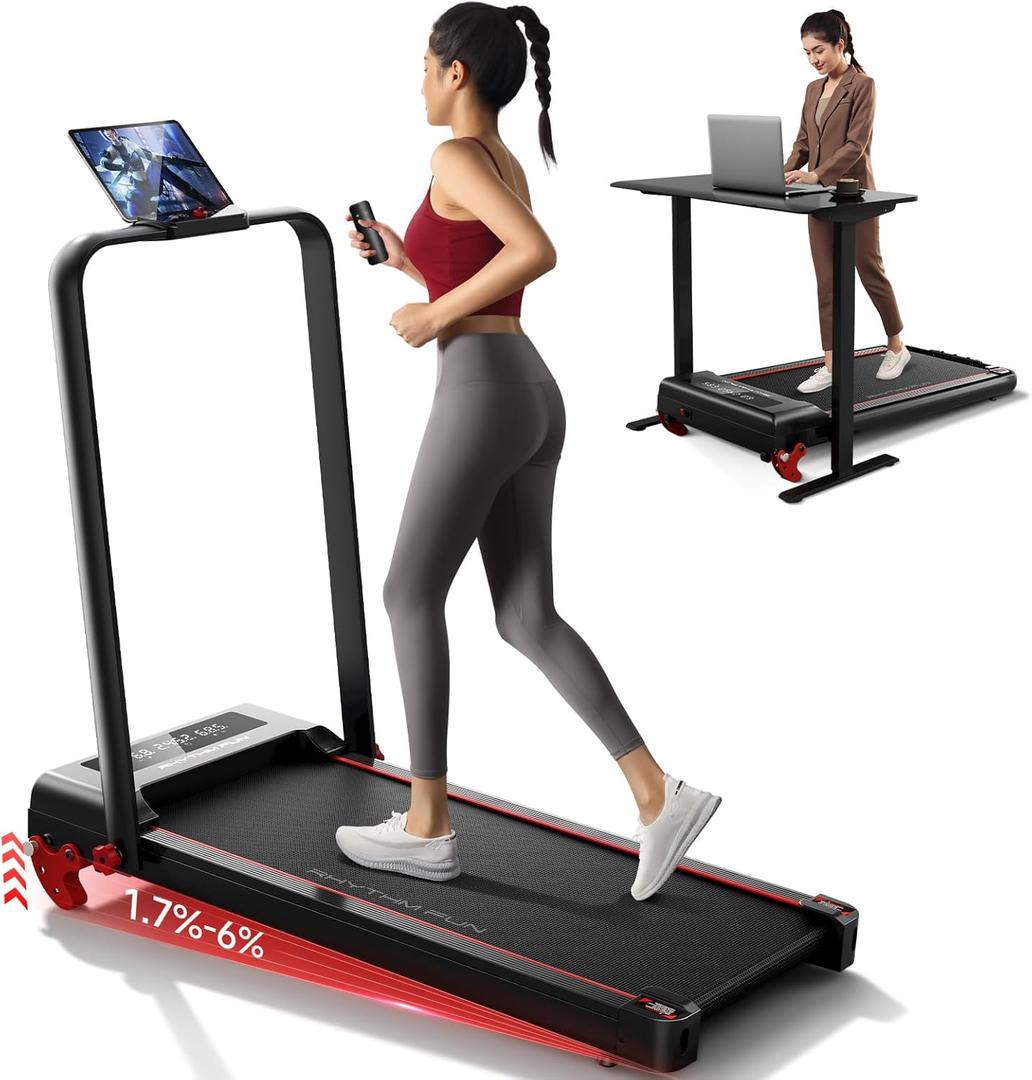 RHYTHM FUN Treadmill With Incline, Walking Pad With Handle Bar, 300lbs Foldable With APP, Portable Folding for Home/Office With Low Noise