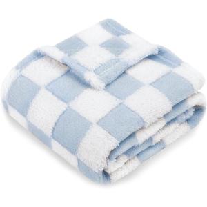 HOMRITAR Checkered Baby Blanket for Boys Girls Warm Cozy Reversible Checkerboard Toddler Blankets, Fluffy Fuzzy Plush Lightweight Bed Blanket with Chessboard Grid Design 350GSM Baby Blue 30 x 40 Inch