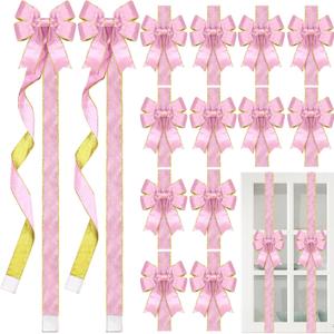 XunYee 15 Pcs Glitter Large Christmas Cabinet Ribbons Bows Thick Velvet Festive Xmas Bow Edge Burlap Door Decoration for Christmas Tree Fireplace Kitchen Gift Wrapping(Pink)