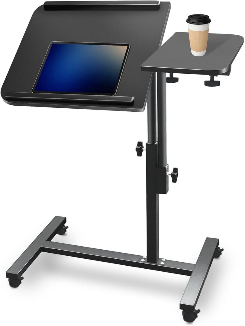 Black Tilt-Swivel Dual Desktop Bed Side Table Tray with Wheels, Adjustable Height Laptop Over Bed Table, Folding Lightweight Hospital Bed Table, 24x16 inch