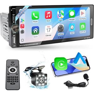 6.9 Inch Single Din Car Stereo Touchscreen Car Radio Wireless Apple Carplay & Android Auto,Mirror Link,FM,EQ,Car Audio Receivcer with USB/Type-C/Aux Input,Mic,SWC,Backup camera, Black