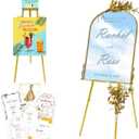 57"- 42" Height Adjustable Gold Easel Stand for Signs, Lockable at Any Height 4 Hooks, 3 Display Modes, Easel with Design Templates Ideal for Wedding Welcome Sign, Parties, Art & Retail Display