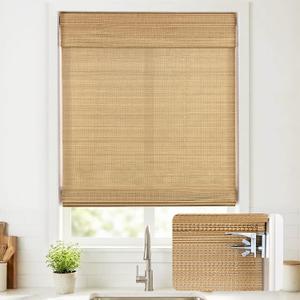 UNISHADES No Drill Cordless Bamboo Roman Shades, Light Filtering Woven Natural Bamboo Window Covering, Easy Install Roman Style Shade, for Window Size 35.5" W 64" H - Carbonized