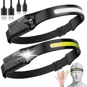 LED Headlamp, 2 Pack Rechargeable Flashlight for Adults, 230 Wide Beam Headlight, Motion Sensor Head Lamp, Adjustable Headband Outdoor Waterproof Head Light for Running, Camping, Hiking