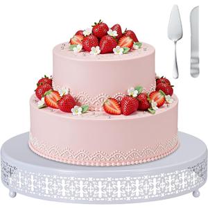 Wenqik White Cake Stand 14 Inch Metal Round Cupcake Dessert Wedding Cake Stand with Cutting & Spatula Cookies Display Holder Fruit Serving Tray for Table Wedding Birthday Anniversary Party