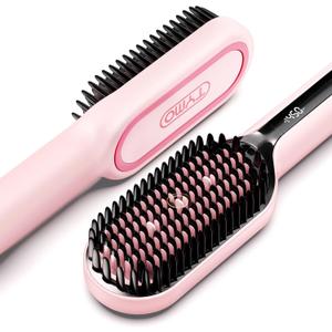 TYMO Hair Straightener Brush - Upgraded Ionic Plus Straightening Brush with Dense Bristles, 16 Temps, Dual Voltage | Ceramic Hot Comb for Women | Flat Iron for Thick Curly Hair, Pink