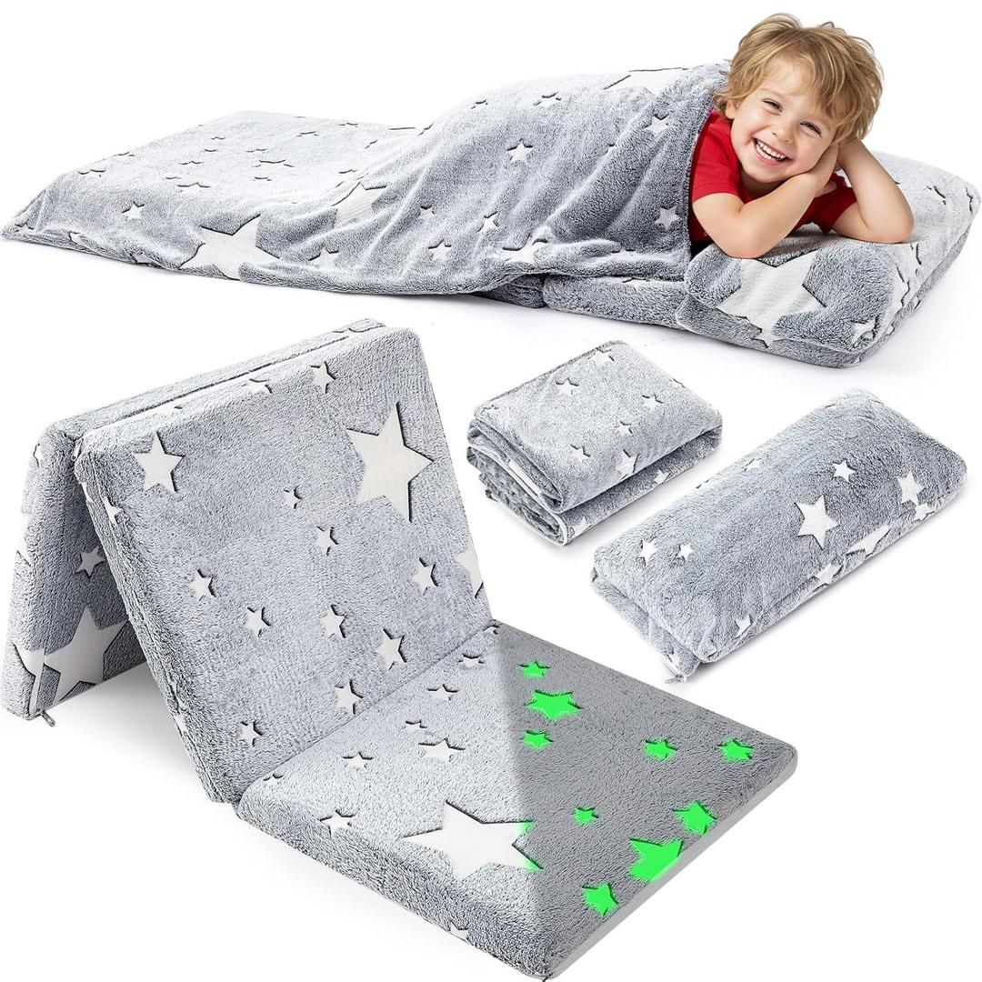Toddler Nap Mat with Removable Pillow and Blanket, Foldable Floor Mattress for Kids, All-in-one Sleeping Bag for Preschool Daycare Travel Camping Sleep Mat, 21" x 50"
