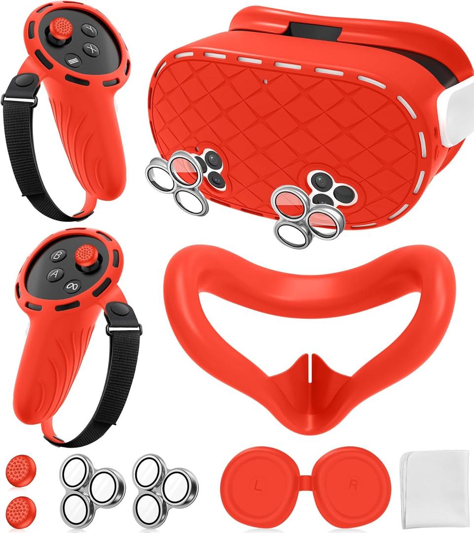 Silicone Cover Set Compatible with Meta/Oculus Quest 3s Accessories, Silicone Face Cover, Controller Grip Cover, Camera Lens Protector, VR Shell Cover, Protective Lens Cover, Not Fit Quest 3 (Red)