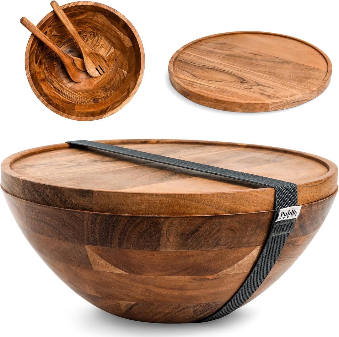Public House Large Wooden Salad Bowl Set 12.5 Inch with Serving Utensils, Tray Lid and Carry Strap. Acacia Wood Large Salad Bowls Ideal for Fruits and Dishes, Wooden Bowls for Food, Serving Bowl (Natural)