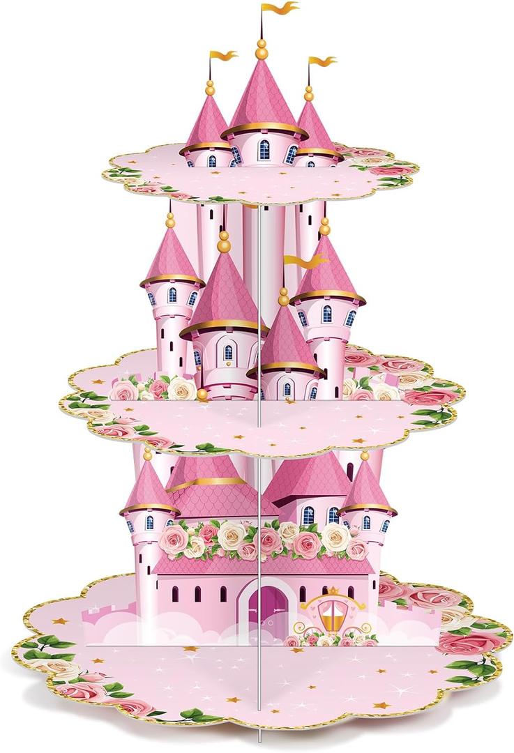 Zopeal 3 Tier Princess Birthday Cupcake Stand Party Decorations Floral Princess Cupcake Holder Pink Castle Crown Carriage Dessert Tower for Girls Birthday Theme Baby Shower Party Supplies