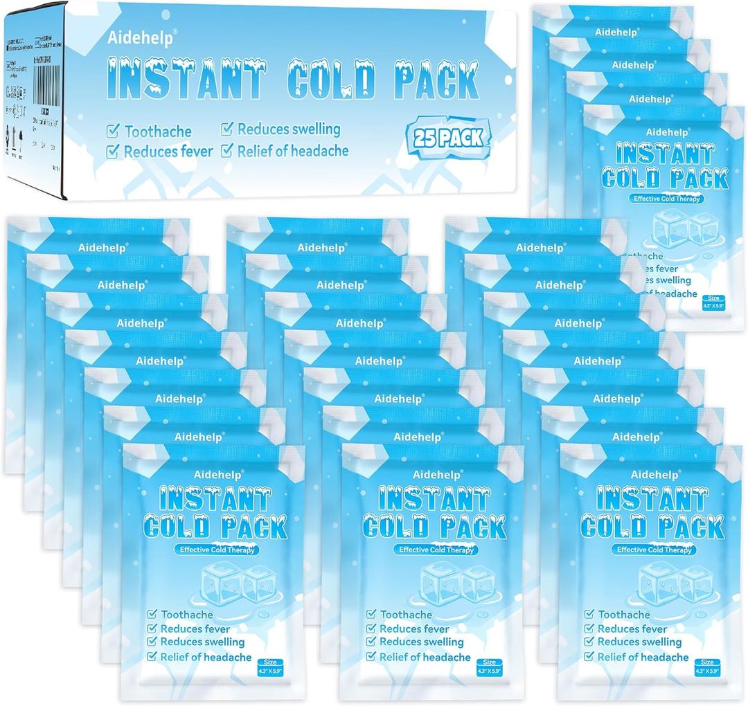 25 Pack Instant Cold Packs (4.3" x 5.9") - Disposable Ice Packs for Injuries | Cold Compress Ice Pack for Pain Relief, Swelling, Inflammation, Sprains, Toothache - Cold Pack for Athletes