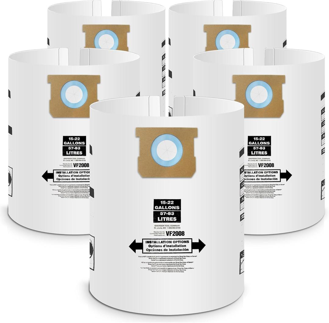 5 Pack Vacuum Bags Replacement for Shop Vac Bags 15-22 Gallon Type G 90663 9066300 Type J 90673 9067300 and VF2008, PETOX High-Efficiency Disposable Vaccum Collection Filter Bags