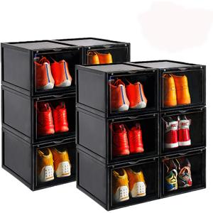 AOTENG STAR Black Storage Shoes Box Womens Mens Shoe Storage Display Box Plastic Foldable Stackable Shoe Container Clear Closet Shelf Shoe Organizer-6 Pack