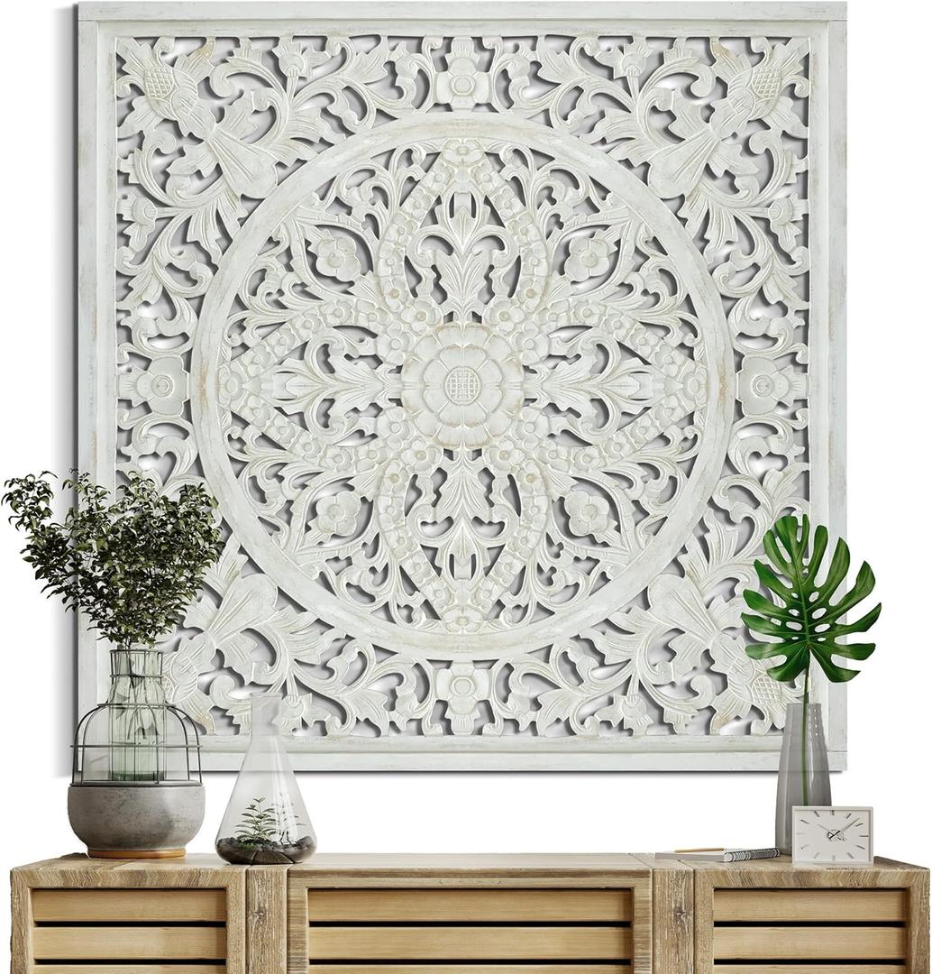 KultureDeco Large Spiritual Mandala Decor [40x40 inch] Wood Wall Hanging Decor | Above Bed Wall Decor | Living Room & Bedroom Decor Aesthetic | Zen Farmhouse Wall Art (Ceningan (White-Wash))