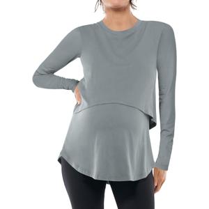 Tankaneo Womens Maternity Nursing Tops Long Sleeve Double Layer Breastfeeding Shirts Pregnancy Clothes (Medium, Grey)