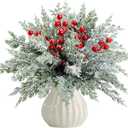 60 Pcs Artificial Christmas Snow Pine Branches with Red Berry Stems, Snowy Faux Greenery Norfolk Pine Cypress Leaves Stems, Berries White Frosted Fake Foliage Pine Needle Picks for Garland Home Decor