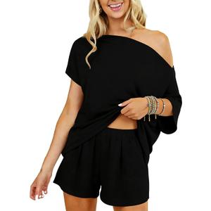 Dressmine 2 Piece Short Sets for Women Sexy Lounge Pjs Cute Batwing Off Shoulder Top Shorts Pajamas Summer Outfits (Black, M)