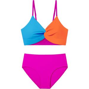 Girls Swimsuit Bathing Suit Color Block Twist Adjustable Double Shoulder Straps Bikini Girls 2 Piece Set (15-16 Years, Blue+orange)