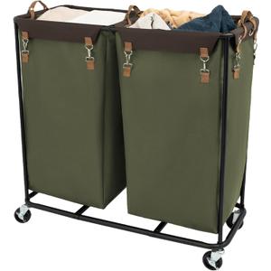 StorageWorks 390L Extra Large Lanudry Hamper with Wheels, 2 Sections Laundry Basket with Wheels, Clothes Sorter Cart with Divider for Hotel, Home, Green, 37.75"L x 17"W x 37.5"H