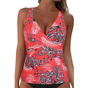 Womens Underwire Tankini Top Only Sexy V Neck Swimsuit Top for Big Busted Tummy Control Bathing Suits (Red, L)