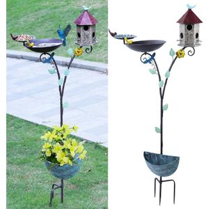 54.3 Tall Outdoor Metal Bird Bath Combo, Birdhouses for Outdoors, Bird Feeder Tray and Planter 4 in 1 Garden Yard Decoration