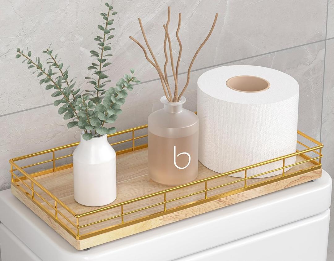 Toilet Paper Basket Organizer Oak Wood Toilet Tank Tray with Metal Frame, Bathroom Counter Top Storage for Toilet Paper, Wipes & Decor, Modern Narrow Back of Tank Shelf Organizer, Gold & Nature Oak
