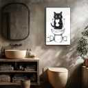 Cat Bathroom Canvas Wall Art Decor, Funny Animal Black and White Canvas Wall Art, Cute Cat On Toilet Holding a Toilet Paper Roll Artwork Prints for Bathroom Toilet Restroom Washroom Wall Decor 12x16''