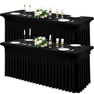 Spandex Fitted 6FT Rectangle Tablecloth 2 Pack, Elastic Stretch Wrinkle Resistant Table Skirt, Washable Reusable Table Cover for Wedding, Banquet, Party, Events (Black, 72Lx30Wx30H Inch)
