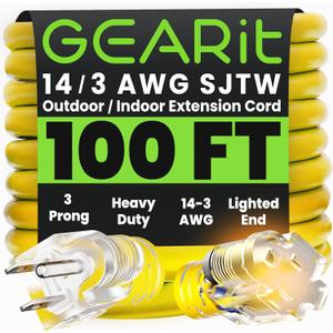 GEARit 100 Ft Extension Cords 14/3 Gauge Outdoor/Indoor SJTW 14 AWG 3 Prong Heavy Duty Power Cable 13A 125V 1625W for Lawn, Garden, Appliances Yellow