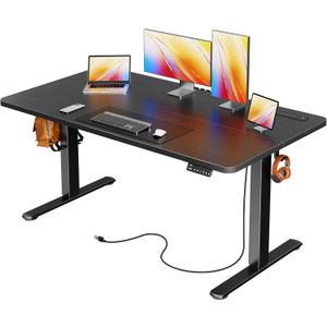 Huuger Electric Standing Desk with Power Outlets and USB-C Port, 55 X 24 Inch Height Adjustable Desk, Sit Stand Desk for Home Office, Computer & Gaming Desk with 4 Presets, Stable Steel Frame, Black