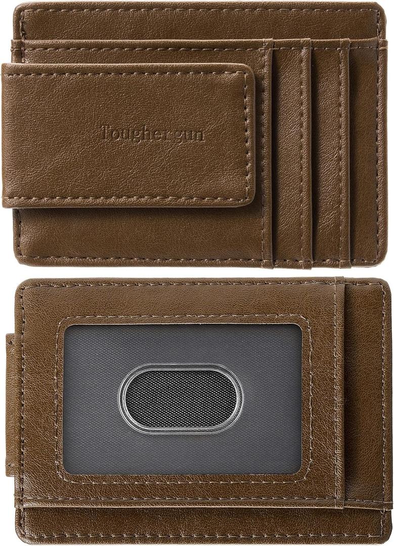 Toughergun Minimalist Wallet for Men with Magnetic Money Clip Leather Wallet, Credit Card Holder RFID Blocking (Wax Brown)