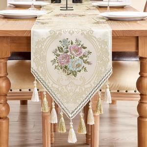 Loom and Mill Elegant Table Runner 13x72 inch, Floral Jacquard Fabric Dining Table Runners with Tassels, Great for Home Table Setting Kitchen Dresser Party Holiday Decor(Pearly Beige, 13x72in)