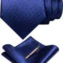 RBOCOTT Solid Color Tie Woven Classic Formal Mens Necktie and Pocket Square with Tie Clip Set (Navy Blue366)
