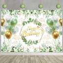 Greenery Birthday Banner Backdrop 71 x 43 Inch Sage Green Party Decorations Happy Birthday Photo Backdrops Eucalyptus Leaves Ballon Banner for Photography Women 21st 30th Party Supplies