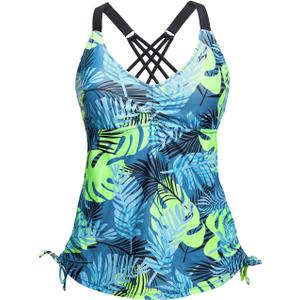 Tempt Me Women Blue Leaves Tankini Top Only V Neck Swim Tops Tummy Control Bathing Suit Top No Bottom L
