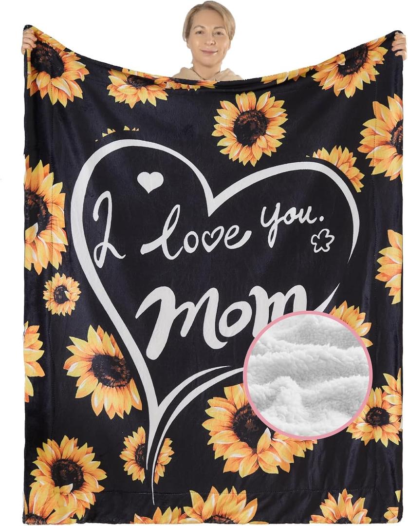NEWCOSPLAY Gifts for Mom Blanket Sherpa Fleece I Love You Sunflower Mom Blanket from Daughter or Son Super Soft Cozy Warm All Seasons Use (Sherpa Sunflower, Throw(50"x60"))