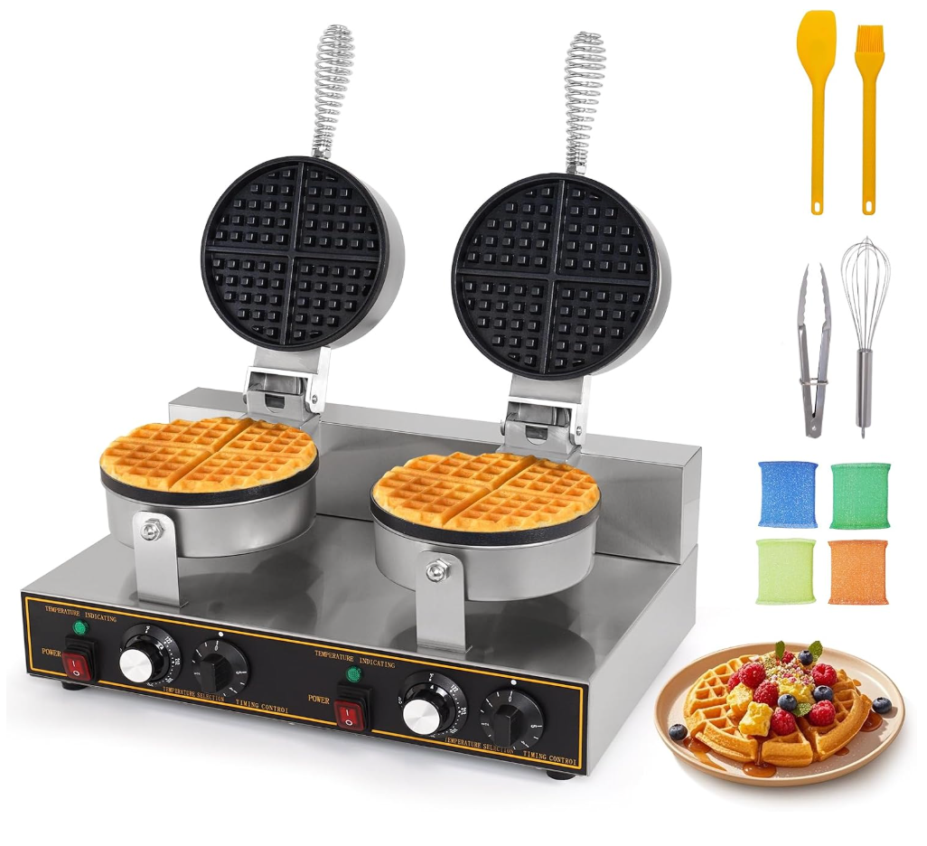 Dyna-Living Waffle Maker Commercial Waffle Iron Machine, 1200W Non-stick Round Commercial Waffle Maker for Restaurant, Food-grade Stainless Steel Large Commercial Waffle Iron