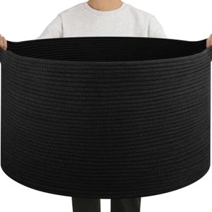 OIAHOMY 90L Large Blanket Basket with Handle, Blanket Storage for Living Room 23" x 23" x 13", Laundry Basket for Blankets, Pillows, Large Woven Rope Baskets for Kids, Dogs Toys - Black